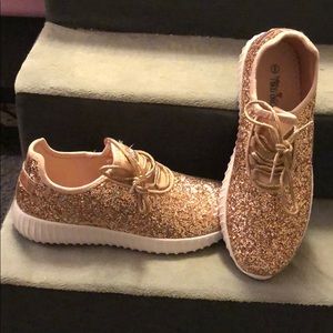 Glitter rose gold slip on tennis shoes